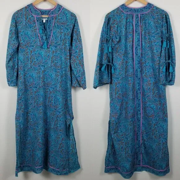 Cleobella Blue Bria Zuri Block Print Kaftan Midi Dress No Belt Size XS *Damaged - Picture 10 of 16
